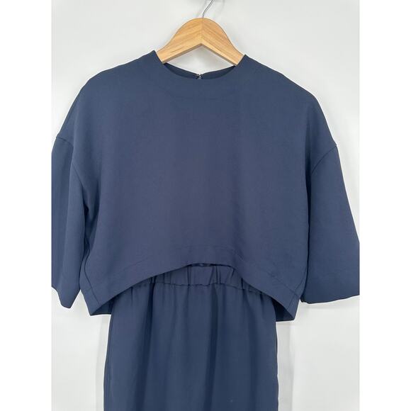 COS Layered Shift Dress Twill 3/4 Sleeve Midi Sheath, Navy Blue - Picture 5 of 12